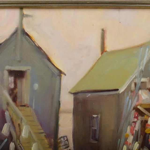 "Fishing Shacks" oil painting by Alison Hill. - Oil on Panel, signed lower left - Framed dimensions: 16 in x 20 in