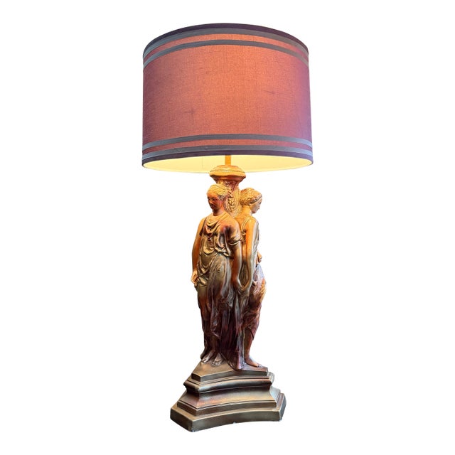 1950 Hollywood Regency Gold Bronze Tone "Three Graces" Heavy Lamp. Purple Silk Shade. Base 34”x12”. Shade 10”x16”. Style of Tony Duquette For Sale