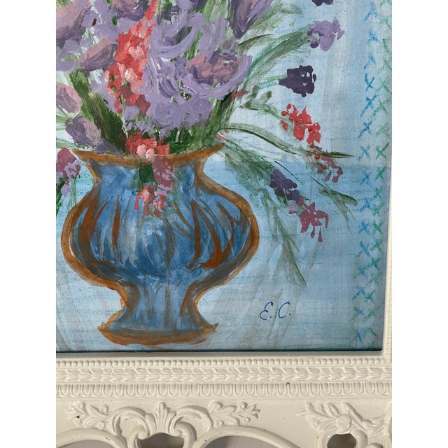 1990s Abstract Flowers in Vase Canvas Board Painting in White Ornate Frame For Sale - Image 4 of 5