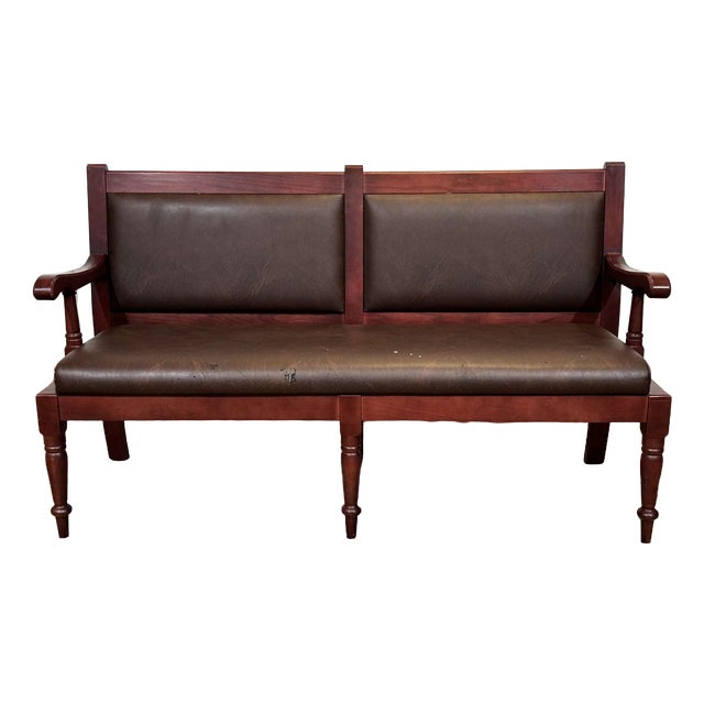 English Bench in Beech and Imitation Leather, 1990s For Sale