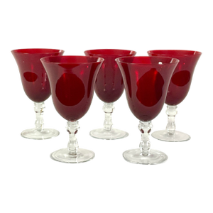 1980s Ruby Red, Clear, Stem, Handblown Wine/Water, Goblets Goblets-Set of Five