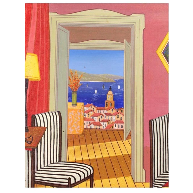 Fanch (Francois Ledan), Whimsical Naive Mediterranean Seaside Interior Folk Art Oil Painting Fanch Ledan, 2002 For Sale - Image 17 of 18