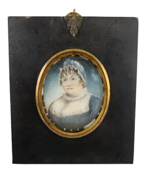 French Miniature Portrait, Buxom Woman in Bonnet, Early 19th Century