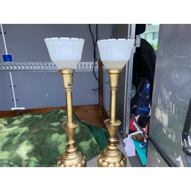 1950s Rembrandt Masterpiece Collection Brass Swirl Table Lamps Milk Glass Diffuser a Pair For Sale In Sacramento - Image 6 of 12