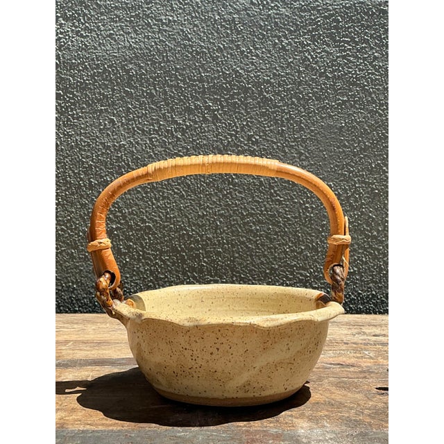 Vintage Rattan Handle Studio Pottery Bowl For Sale In West Palm - Image 6 of 12