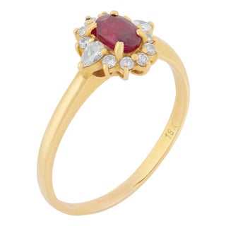 Vintage Ruby Diamond 18k Yellow Gold Cluster Ring, Size 9 For Sale