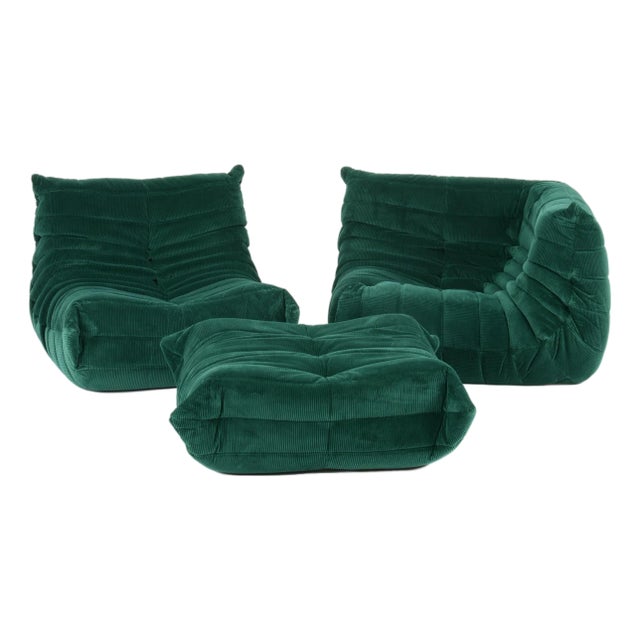 Vintage Ligne Roset Togo 3-Piece Lounge in Emerald Corduroy - Restored For Sale