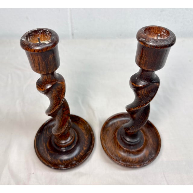 Brown Pair Antique 19th Century Barley Twist English Wood Candlesticks Candle Holders For Sale - Image 8 of 12