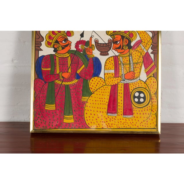 Yellow Antique Hand Painted Indian Folk Art Musicians & Archers Painting For Sale - Image 8 of 12