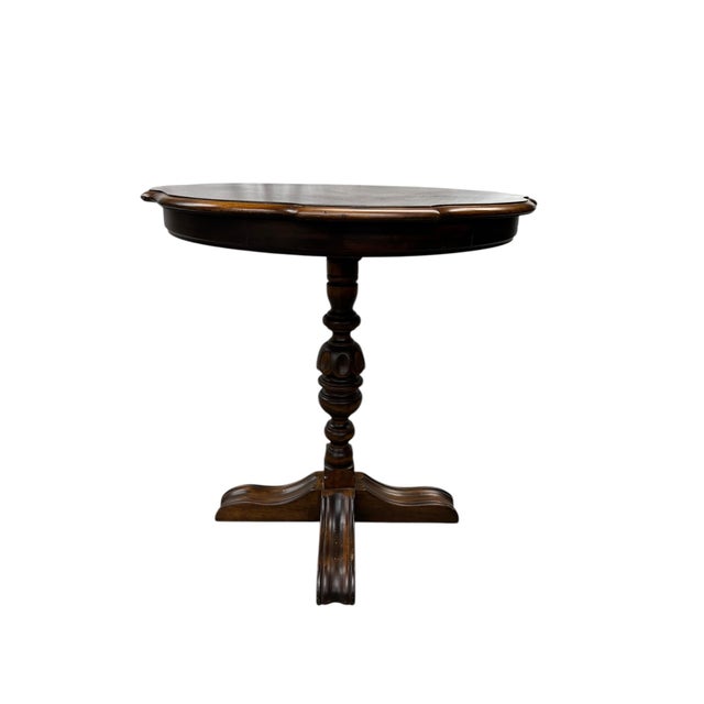 Antique round scalloped edge burl wood top accent, center table. Has a medium brown finish. Could be used as a center...