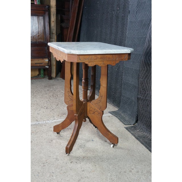 Antique Victorian Eastlake Walnut Carved Marble Top Parlor End Side Table 26" For Sale - Image 6 of 17