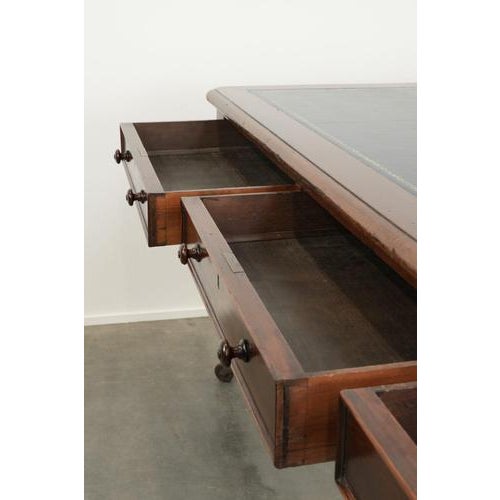 Large Antique English Library Writing Desk with a Dark Blue Leather Top, 19th Century For Sale - Image 11 of 15
