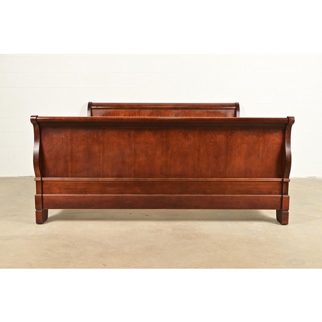 French Provincial Grange Style French Louis Philippe Carved Cherry Wood King Size Sleigh Bed For Sale - Image 3 of 13