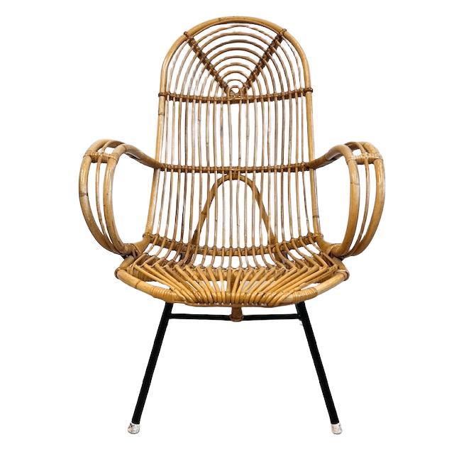 Beautiful, tall, vintage mid-century Rohe Noordwolde rattan slash armchair from the 1950s. The wicker armchair is in good...