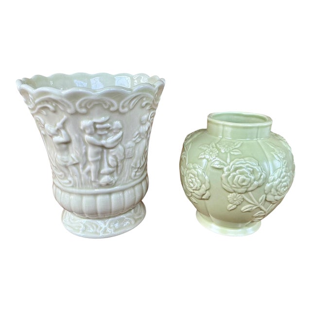 Pair of Vintage Ceramic Green Vaases For Sale