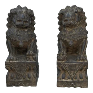20" Pair Chinese Rustic Stone Fengshui Foo Dogs Lions Statue