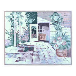 Late 20th Century Postmodern Style Embellished Print on Canvas of a Veranda Garden Scene by Karson