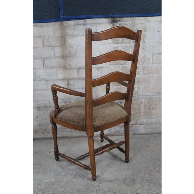 Brown Mid 20th Century Vintage Oak Country French Farmhouse Ladder Back Upholstered Dining Arm Chairs - Set of 4 For Sale - Image 8 of 12