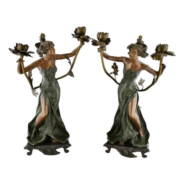 Art Nouveau Candleholders with Flowers, 1900, Set of 2 For Sale
