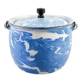 Antique Blue & White Swirl Enamelware Lidded Pot