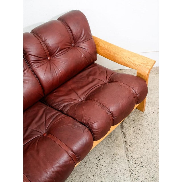 1960s Mid Century Danish Modern Sofa Couch Oxblood Red Leather 3 Seater Oak Tufted For Sale In Sacramento - Image 6 of 12