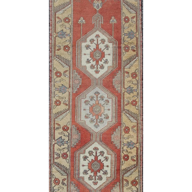 Measures: 2'6 x 12'6. Vintage Turkish Oushak Runner with Geometric medallions Keivan Woven Arts / rug EN-134, country of...