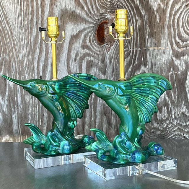 Metal Vintage Coastal Royal Haeger Sailfish Lamps - a Pair For Sale - Image 7 of 8