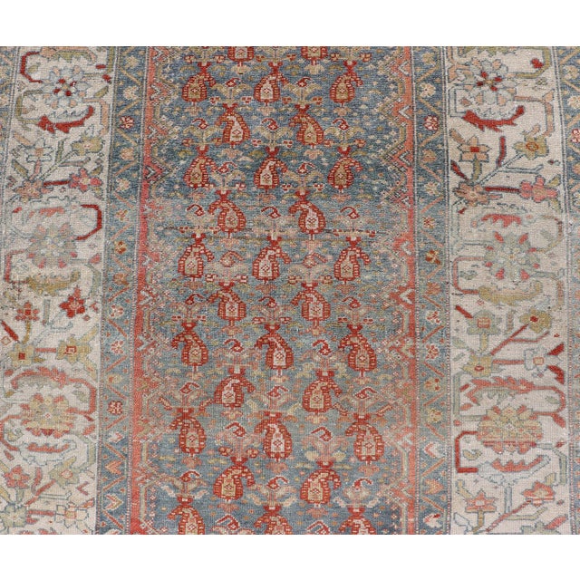 Measures: 4'8 x 10'5 Antique Persian Malayer Gallery Rug with Blue Field and Red Boteh Design. Keivan Woven Arts/...