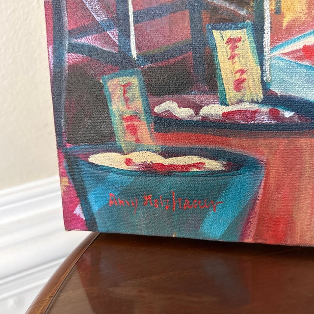 1970s Vintage Asian Cityscape Painting on Canvas ~ Signed Amy HolzHaver For Sale - Image 4 of 9