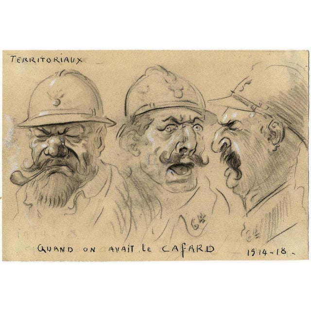 An original 1910s charcoal drawing, G. Cervelli, World War One French Satirical Caricature.A fabulous World War One...