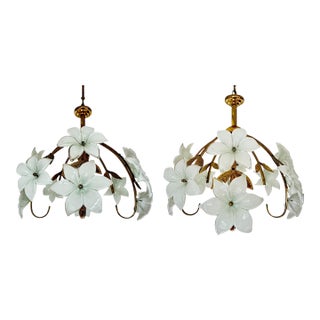 Pair Match Vintage Murano Style Glass Daisy Chandelier With Handcrafted White Floral Details For Sale