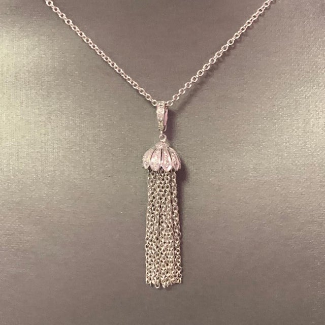 Silver Diamond Tassel Pendant Chain Necklace 18k Gold 0.15 TCW Certified For Sale - Image 8 of 10