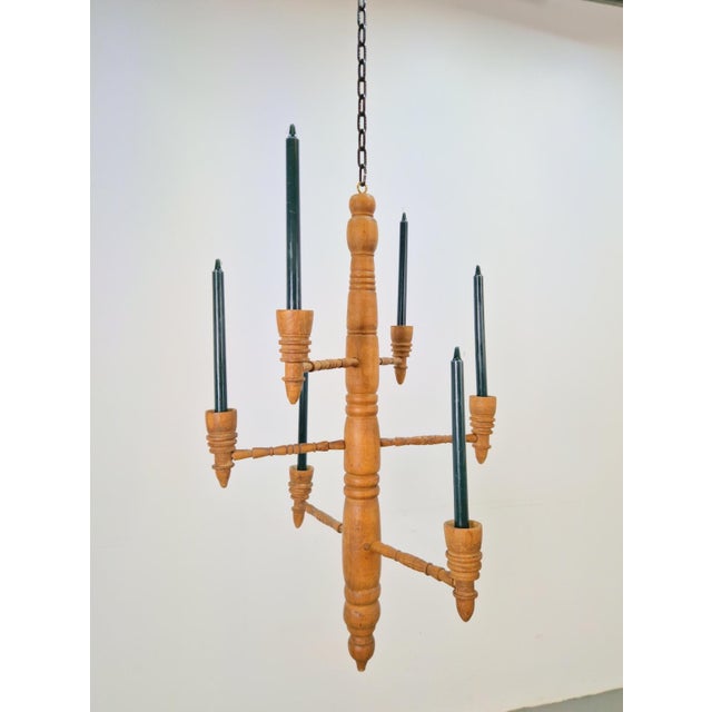 Vintage Twisted Spool Light Oak Chandelier/Candlestick/Candlesticks 1960s This Brutalist Scandinavian-style hanging...