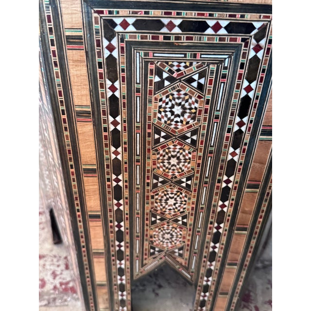 Burnt Umber Vintage Marquetry Wood Inlay & Mother-of-Pearl Hexagonal Side Table For Sale - Image 8 of 8