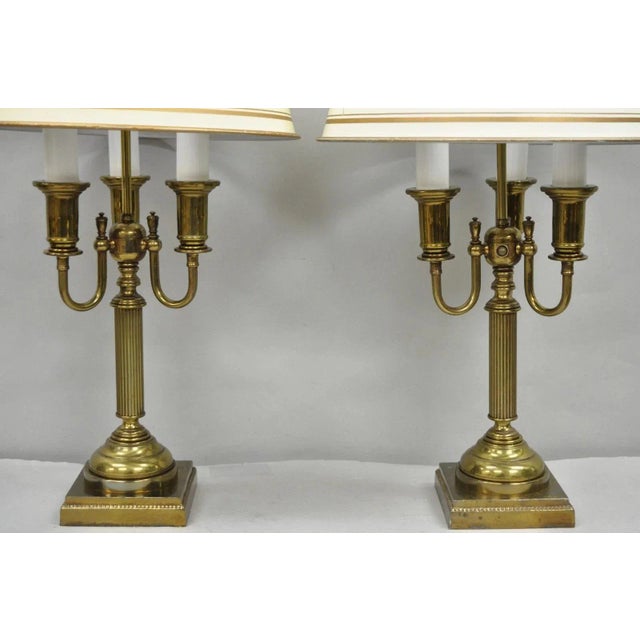 French Country Vintage French Country Tole Metal Shade Brass Column Candelabra Table Lamps Pair For Sale - Image 3 of 16