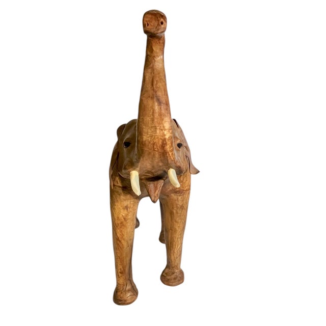 Brown Vintage Moroccan Leather Elephant Sculpture, Handcrafted With Glass Eyes, 26.5” Tall For Sale - Image 8 of 18