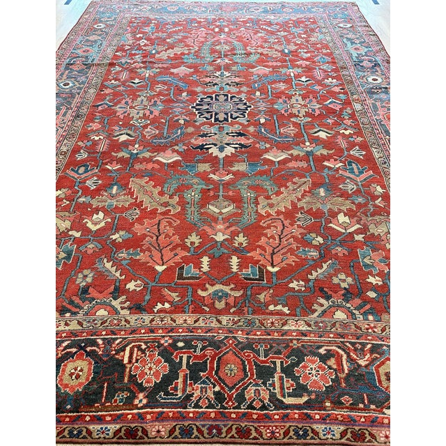 Orange Antique Persian Heriz Carpet Handmade Wool Oriental Rug, Rust, Navy-Medium Blue For Sale - Image 8 of 18
