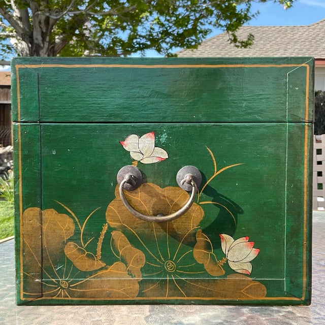 Late 19th Century Chinese Hand Painted Pigskin Wooden Box With a Design of Lily Pads and Birds For Sale - Image 10 of 11