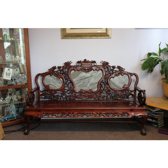 Exquisite 20th-Century Chinese Carved Rosewood & "Dream-Stone" Marble Settee Elevate your interior with a storied...