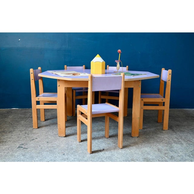Vintage Octagonal Children's Table & Chairs in Beech and Lilac Formica, 1970s, Set of 6 For Sale - Image 18 of 18