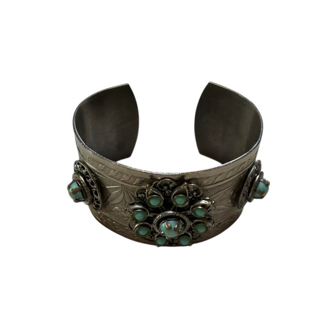 1970s Vintage Silver Plated Cuff With Turquoise Beads and Scrollwork For Sale - Image 5 of 7