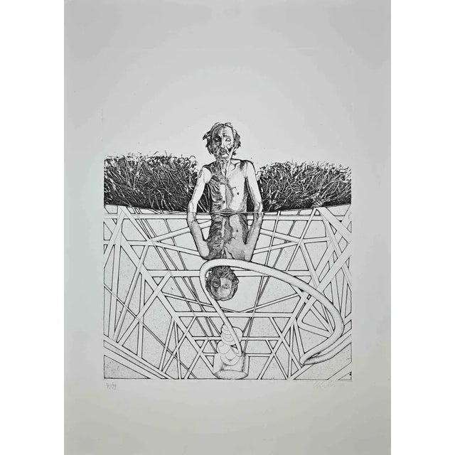 Franco Mulas, Man Gets Wet in the Pond of Ottana, Original Etching, 1974 For Sale - Image 3 of 3