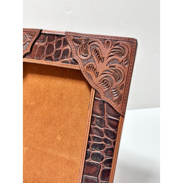 1970s Southwestern Tooled Leather Picture Frame With Croc Embossed Accents For Sale In Louisville - Image 6 of 10