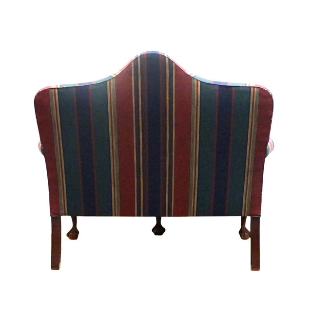 High End Vintage Solid Mahogany Traditional Style 54" High Camelback Loveseat Settee W. Striped Upholstery For Sale In Kansas City - Image 6 of 9