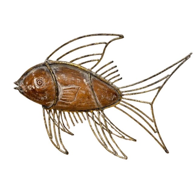 1970s French Wood Fish and Gilded Metal Sculpture For Sale In Miami - Image 6 of 6