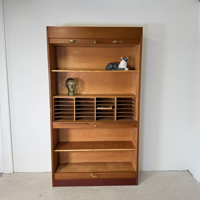 Mid-Century Modern Vintage Oak Tambour Secretary Cabinet, Germany, 1960s For Sale - Image 6 of 16
