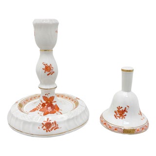Vintage Apponyi Orange Porcelain Candlestick and Bell Set from Herend, 1970s, Set of 2 For Sale
