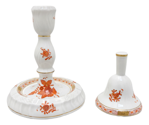 Vintage Apponyi Orange Porcelain Candlestick and Bell Set from Herend, 1970s, Set of 2