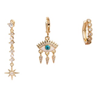 Guidance Star Evil Eye & Diamond Hoop Protection Gold Trio Earring Set For Sale