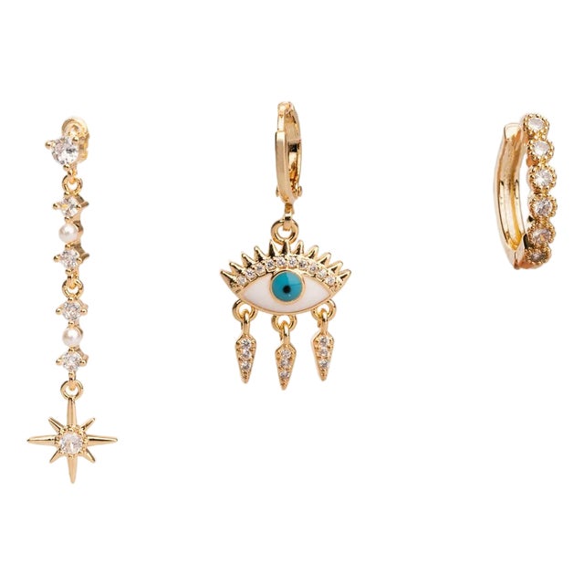 Guidance Star Evil Eye & Diamond Hoop Protection Gold Trio Earring Set For Sale